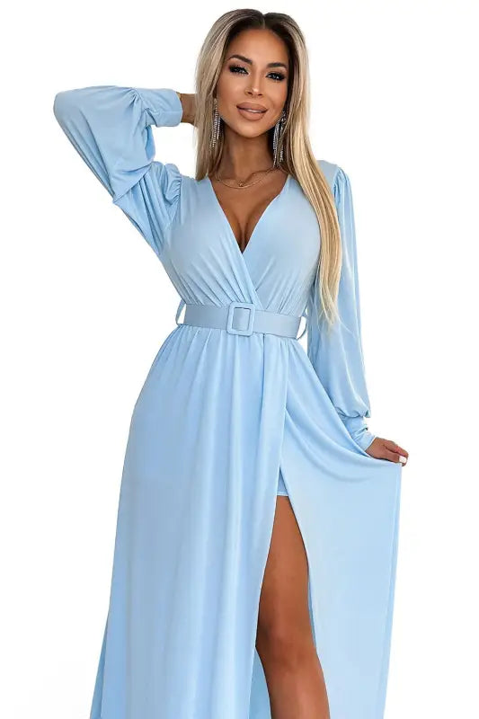 536-1 FIORELLA Long dress with a wide belt and neckline - light blue - Livre e Solta Fashion