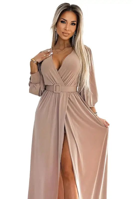 536-2 FIORELLA Long dress with a wide belt and neckline - beige - Livre e Solta Fashion