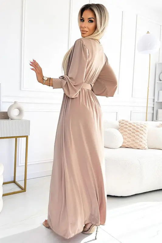 536-2 FIORELLA Long dress with a wide belt and neckline - beige - Livre e Solta Fashion