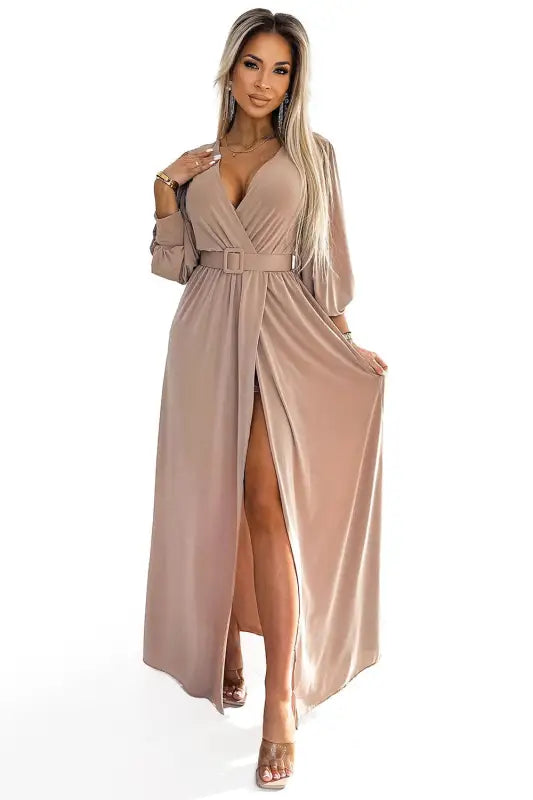 536-2 FIORELLA Long dress with a wide belt and neckline - beige - Livre e Solta Fashion