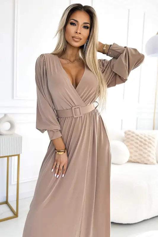 536-2 FIORELLA Long dress with a wide belt and neckline - beige - Livre e Solta Fashion