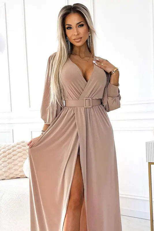 536-2 FIORELLA Long dress with a wide belt and neckline - beige - Livre e Solta Fashion