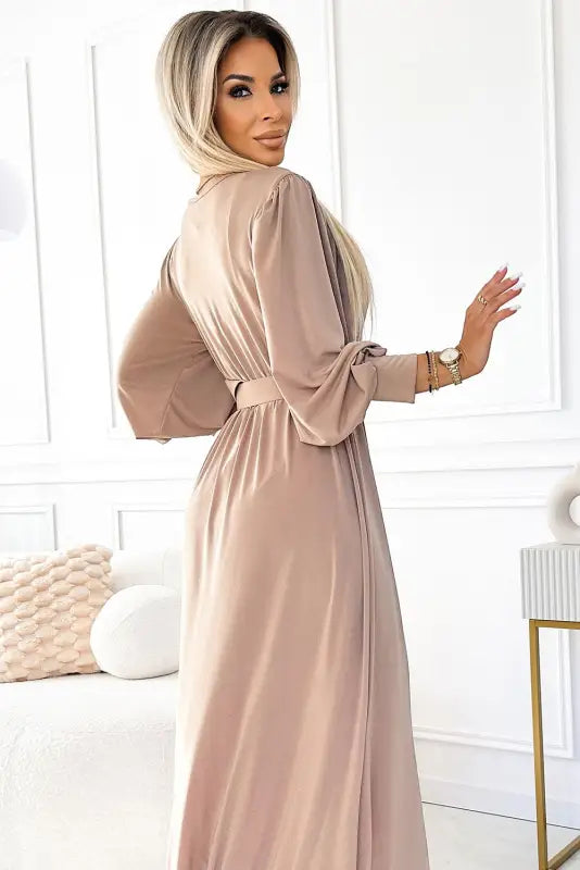 536-2 FIORELLA Long dress with a wide belt and neckline - beige - Livre e Solta Fashion