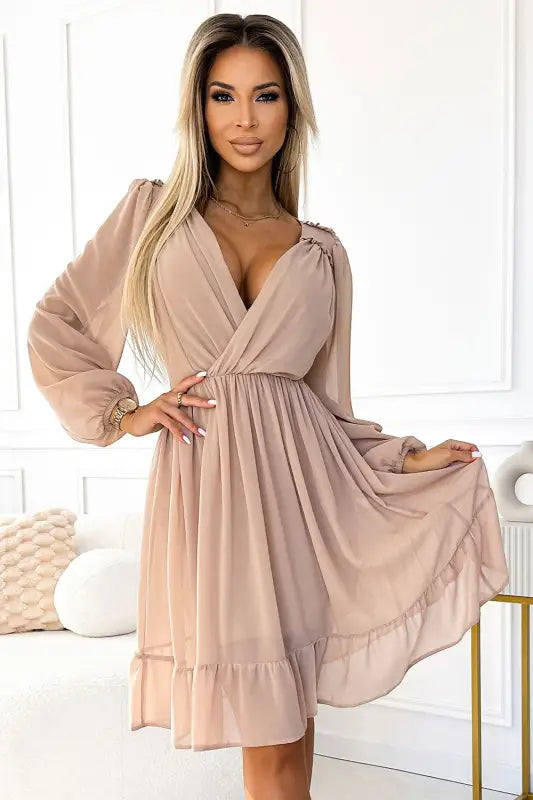 538-1 MILA Chiffon midi dress with long sleeves and neckline - beige - Livre e Solta Fashion