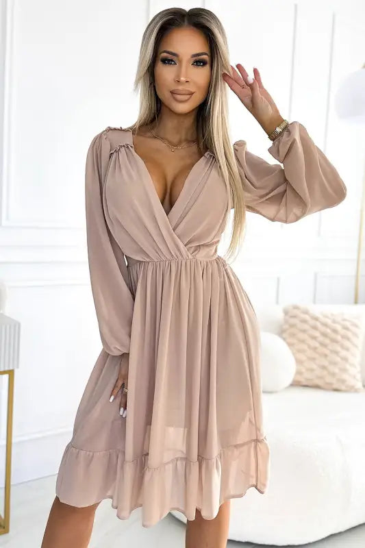 538-1 MILA Chiffon midi dress with long sleeves and neckline - beige - Livre e Solta Fashion