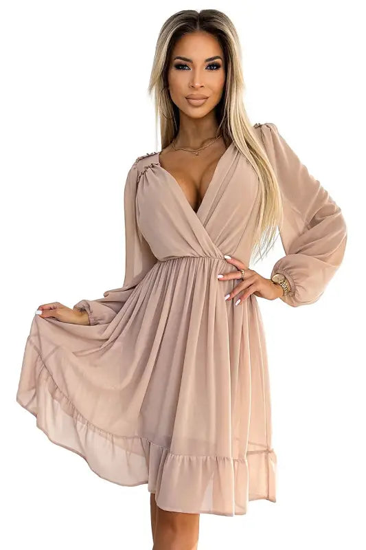 538-1 MILA Chiffon midi dress with long sleeves and neckline - beige - Livre e Solta Fashion