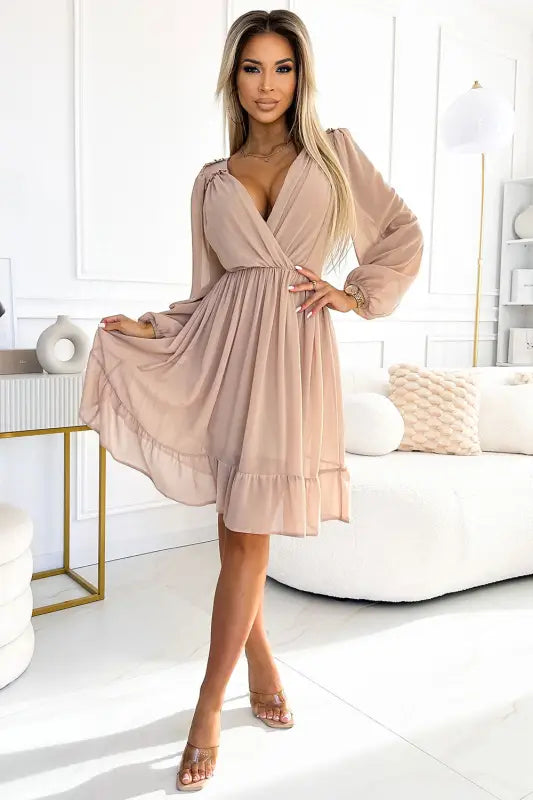 538-1 MILA Chiffon midi dress with long sleeves and neckline - beige - Livre e Solta Fashion