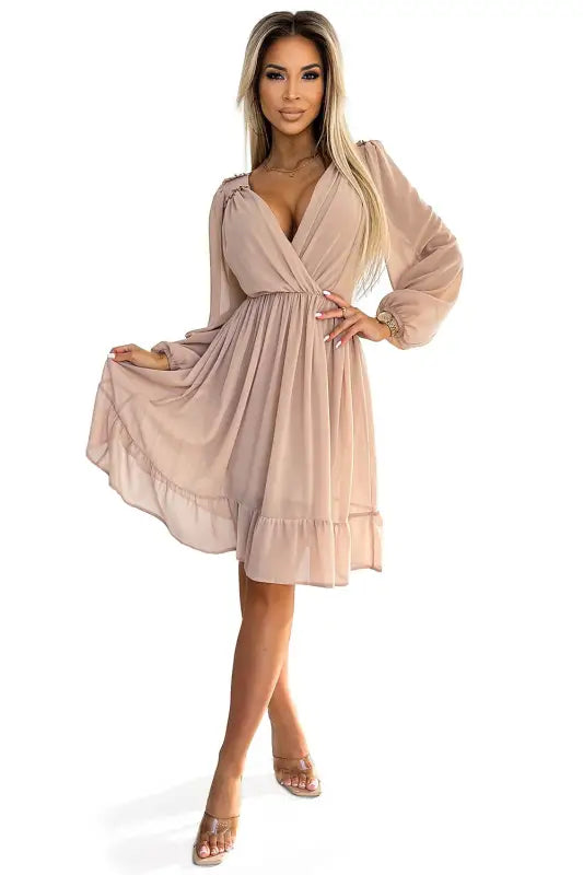 538-1 MILA Chiffon midi dress with long sleeves and neckline - beige - Livre e Solta Fashion