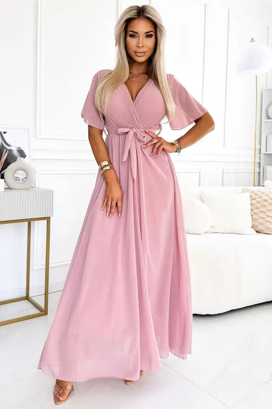 545-1 Long dress with a pleated neckline and ties - powder pink - Livre e Solta Fashion