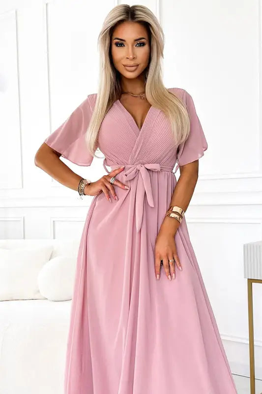 545-1 Long dress with a pleated neckline and ties - powder pink - Livre e Solta Fashion