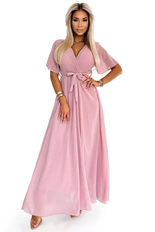 545-1 Long dress with a pleated neckline and ties - powder pink - Livre e Solta Fashion