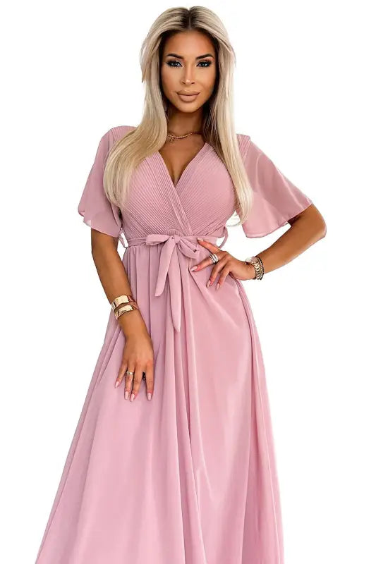 545-1 Long dress with a pleated neckline and ties - powder pink - Livre e Solta Fashion