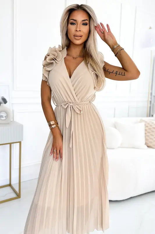 549-1 MIRABELLA Pleated chiffon midi dress with a neckline and delicate ruffles - beige - Livre e Solta Fashion