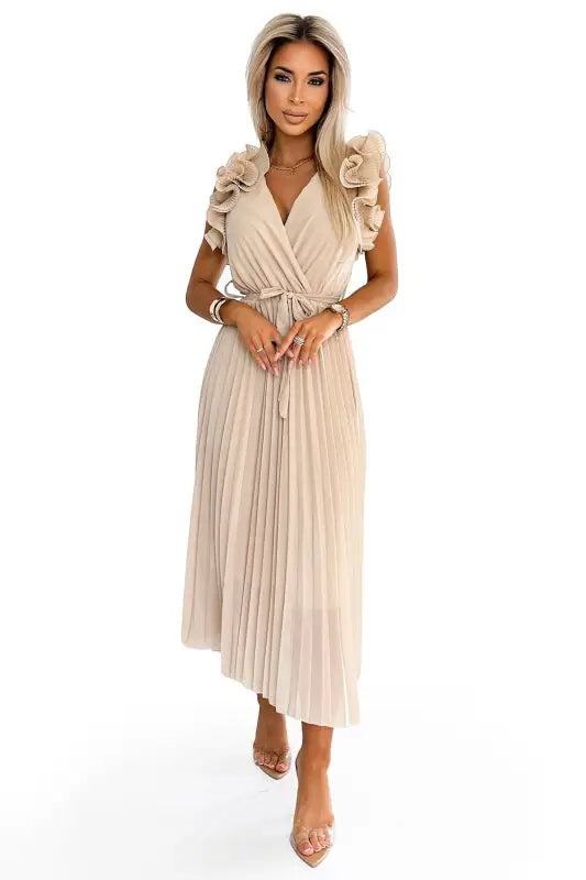 549-1 MIRABELLA Pleated chiffon midi dress with a neckline and delicate ruffles - beige - Livre e Solta Fashion