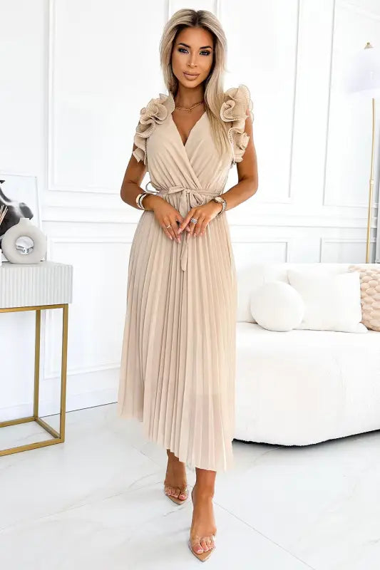 549-1 MIRABELLA Pleated chiffon midi dress with a neckline and delicate ruffles - beige - Livre e Solta Fashion