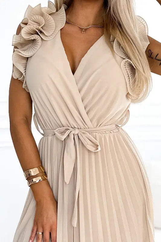 549-1 MIRABELLA Pleated chiffon midi dress with a neckline and delicate ruffles - beige - Livre e Solta Fashion