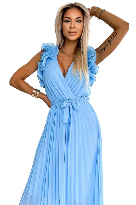 549-2 MIRABELLA Pleated chiffon midi dress with a neckline and delicate ruffles - light blue - Livre e Solta Fashion