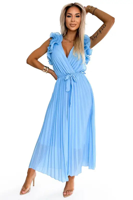 549-2 MIRABELLA Pleated chiffon midi dress with a neckline and delicate ruffles - light blue - Livre e Solta Fashion