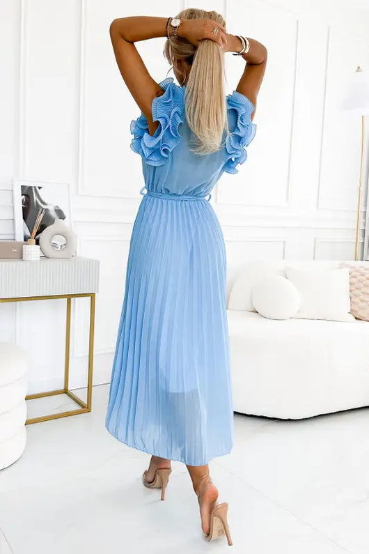 549-2 MIRABELLA Pleated chiffon midi dress with a neckline and delicate ruffles - light blue - Livre e Solta Fashion