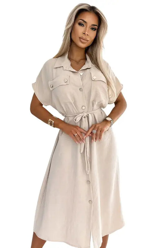 550-1 Midi shirtdress with gold buttons, ties and short sleeves - beige - Livre e Solta Fashion