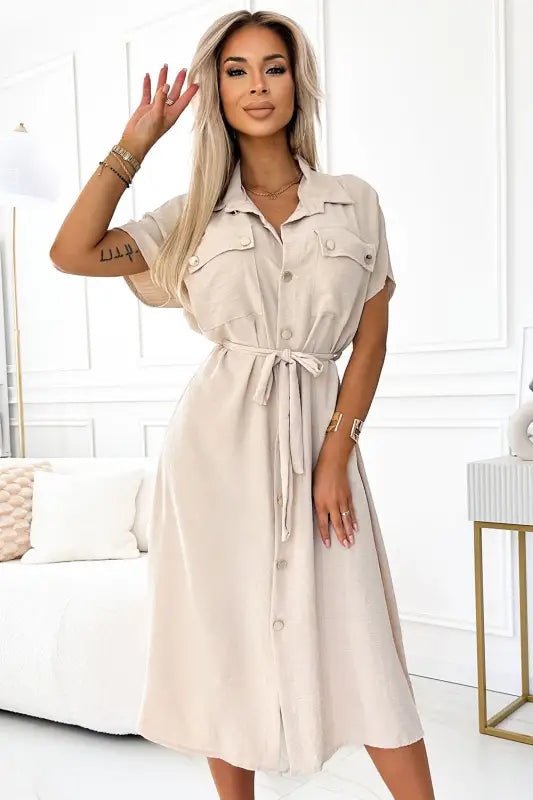 550-1 Midi shirtdress with gold buttons, ties and short sleeves - beige - Livre e Solta Fashion