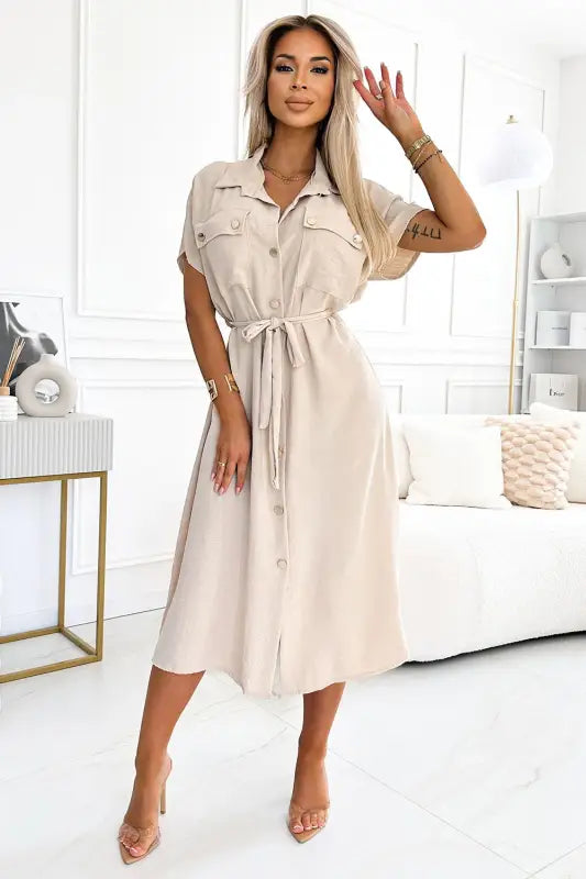 550-1 Midi shirtdress with gold buttons, ties and short sleeves - beige - Livre e Solta Fashion