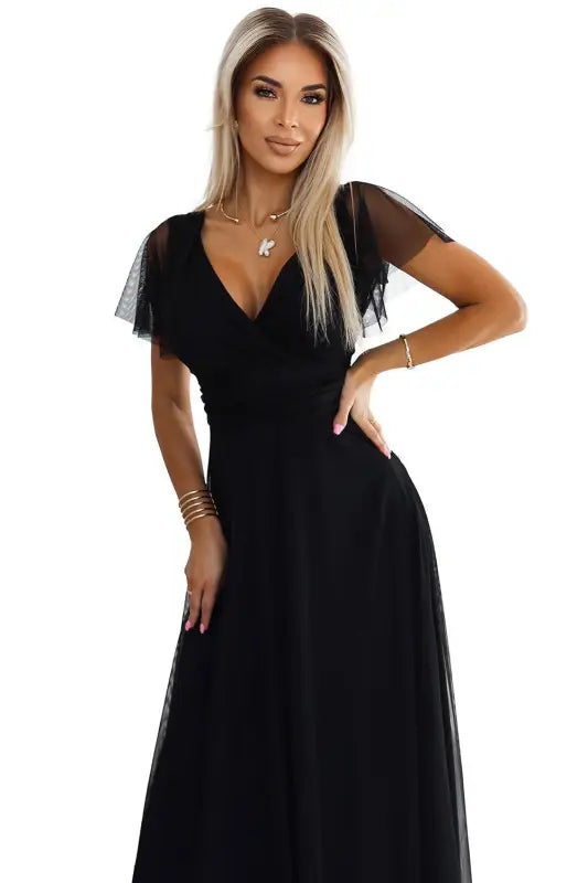 562-3 NASTIA Long dress with neckline and short sleeves - black - Livre e Solta Fashion