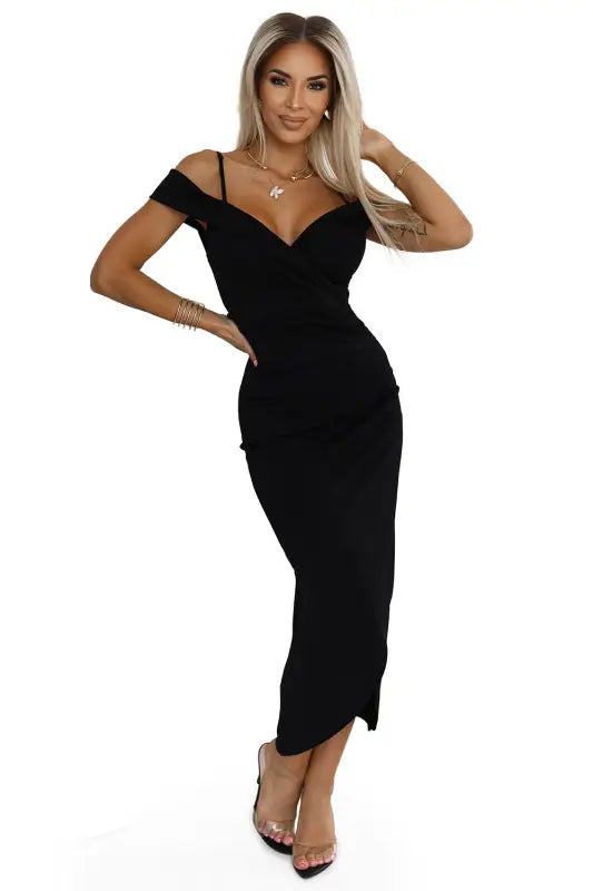 564-3 CALLIE Midi dress with open shoulders and neckline - black - Livre e Solta Fashion