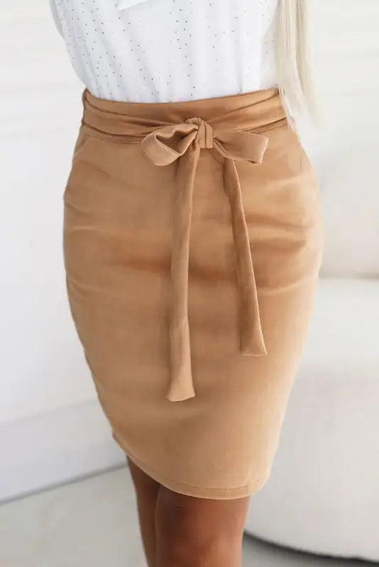 569-1 Suede Skirt with Tie - Caramel Color - Livre e Solta Fashion