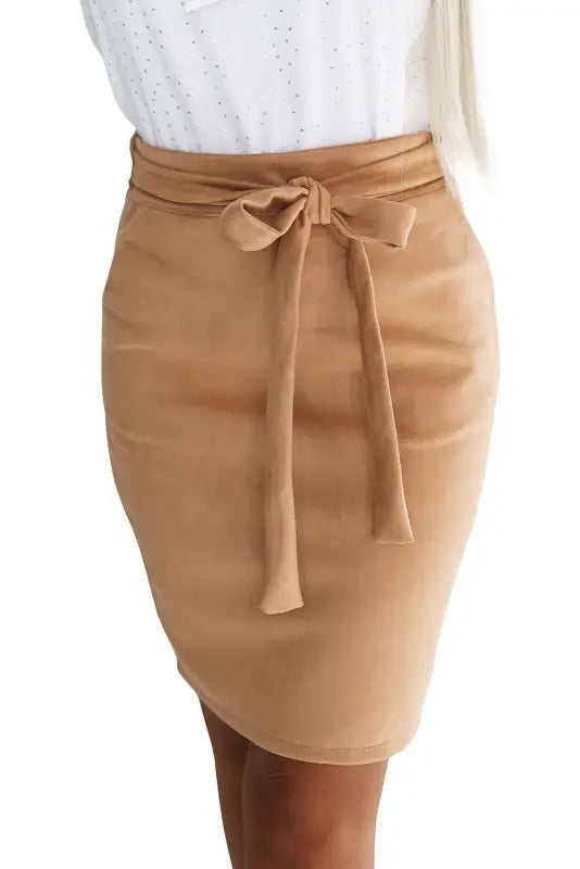 569-1 Suede Skirt with Tie - Caramel Color - Livre e Solta Fashion