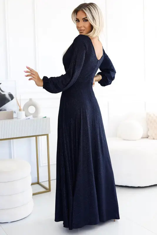 572-1 NELA shiny long gown with neckline and long sleeves - navy blue - Livre e Solta Fashion