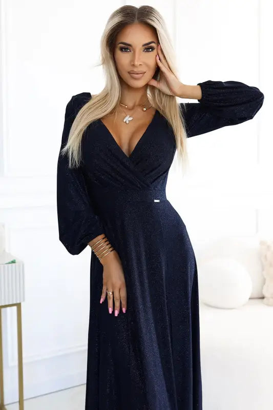 572-1 NELA shiny long gown with neckline and long sleeves - navy blue - Livre e Solta Fashion