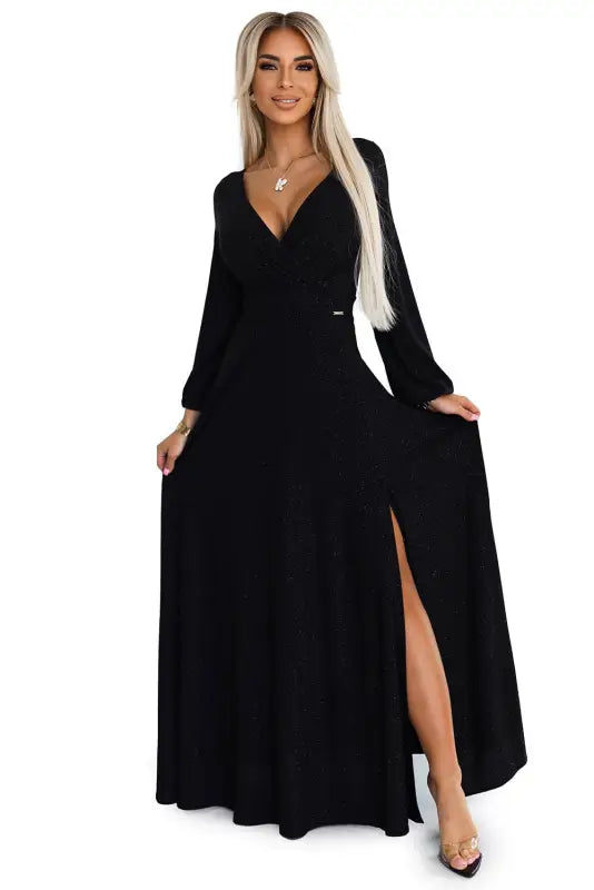 572-2 NELA shiny long gown with neckline and long sleeves - black - Livre e Solta Fashion