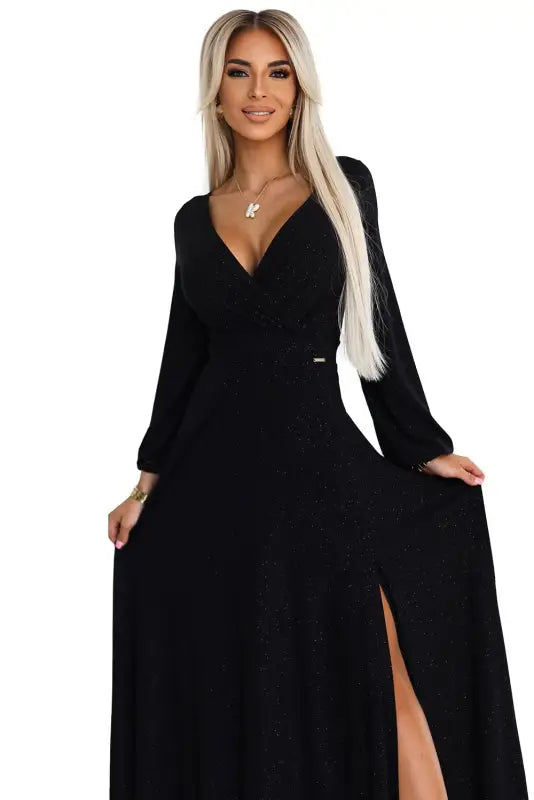 572-2 NELA shiny long gown with neckline and long sleeves - black - Livre e Solta Fashion