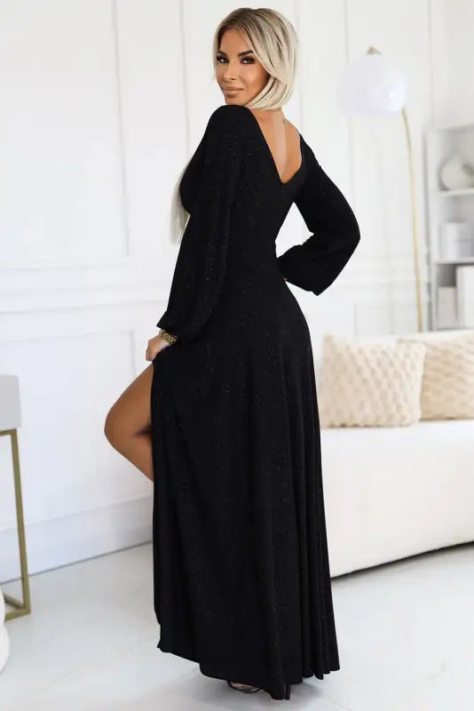 572-2 NELA shiny long gown with neckline and long sleeves - black - Livre e Solta Fashion