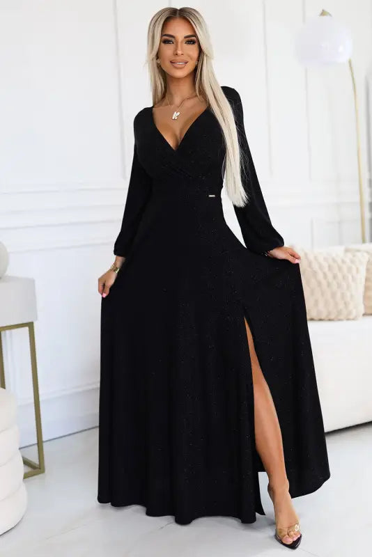 572-2 NELA shiny long gown with neckline and long sleeves - black - Livre e Solta Fashion