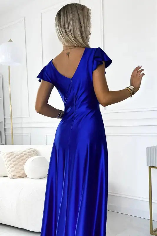 411-11 CRYSTAL satin long dress with a neckline - royal blue - Livre e Solta Fashion