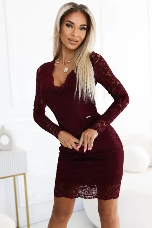 170-14 Lace dress with long sleeves and neckline - dark maroon - Livre e Solta Fashion