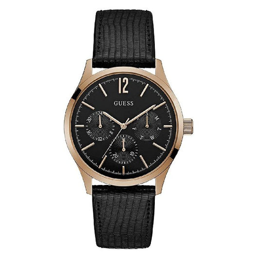 Elegant men's watch with sleek black dial, rose gold-tone case, and textured leather strap from the Livre e Solta Fashion brand.