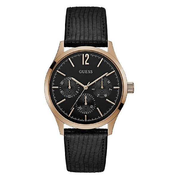 Elegant men's watch with sleek black dial, rose gold-tone case, and textured leather strap from the Livre e Solta Fashion brand.