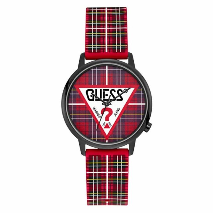 Elegant plaid-patterned Guess unisex watch with a 38mm diameter, featuring the iconic Guess logo against a red and black checkered dial.