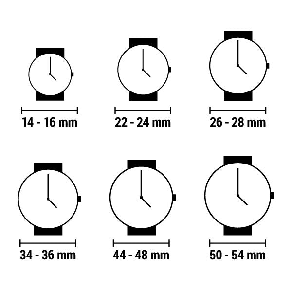 Unisex watch size guide showing various case diameter measurements in mm, ranging from 14-16 mm to 50-54 mm, for Livre e Solta Fashion customers to find the perfect watch size.