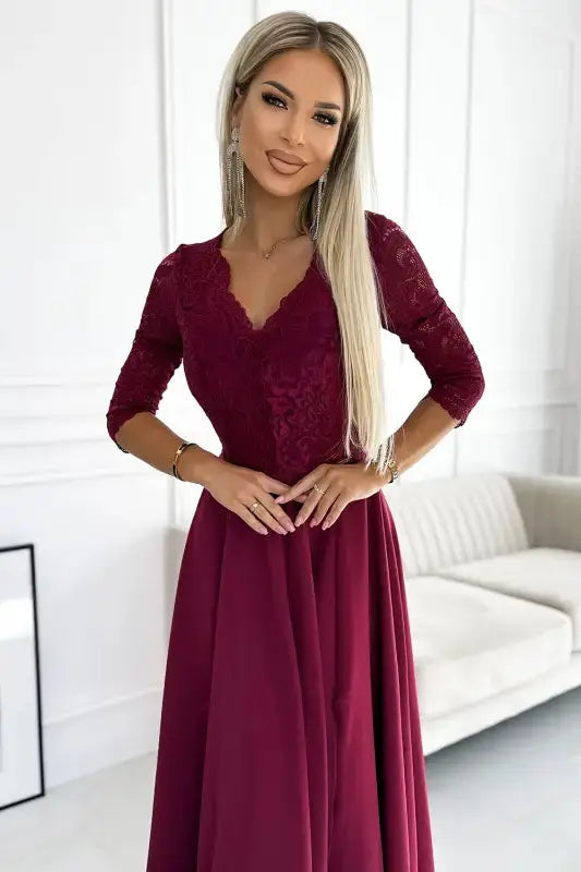 309-9 AMBER elegant long maxi dress with lace neckline - burgundy