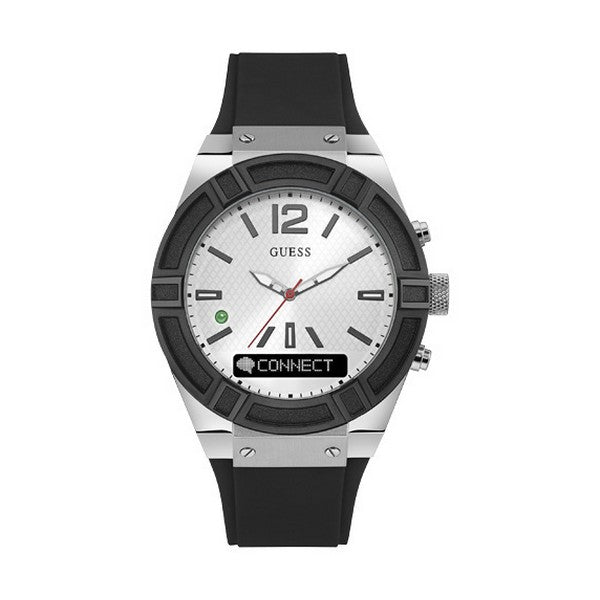 Sleek stainless steel Guess analog-digital watch with 45mm case, black rubber strap, and stylish dial design.