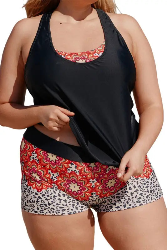 Black Floral Leopard Plus Size Tankini with Vest - Livre e Solta Fashion