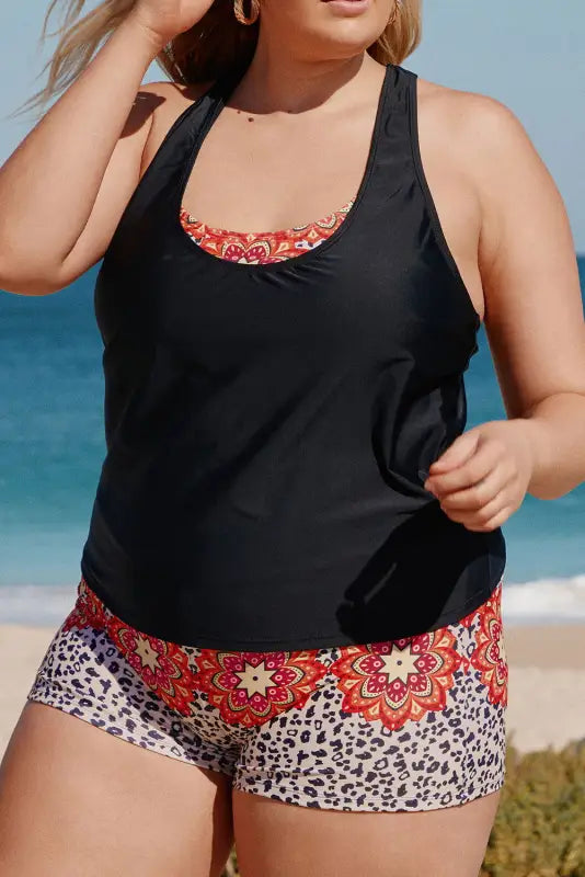 Black Floral Leopard Plus Size Tankini with Vest - Livre e Solta Fashion