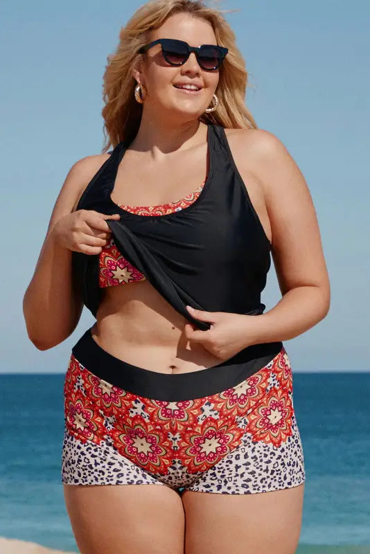 Black Floral Leopard Plus Size Tankini with Vest - Livre e Solta Fashion