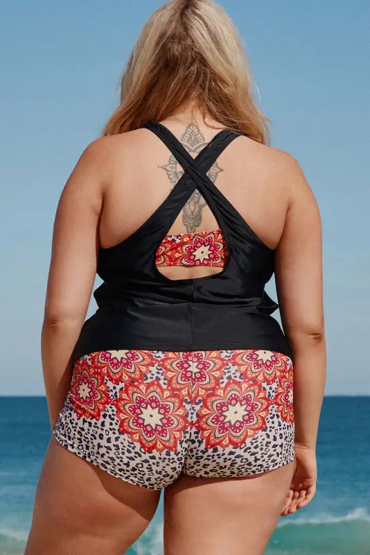 Black Floral Leopard Plus Size Tankini with Vest - Livre e Solta Fashion