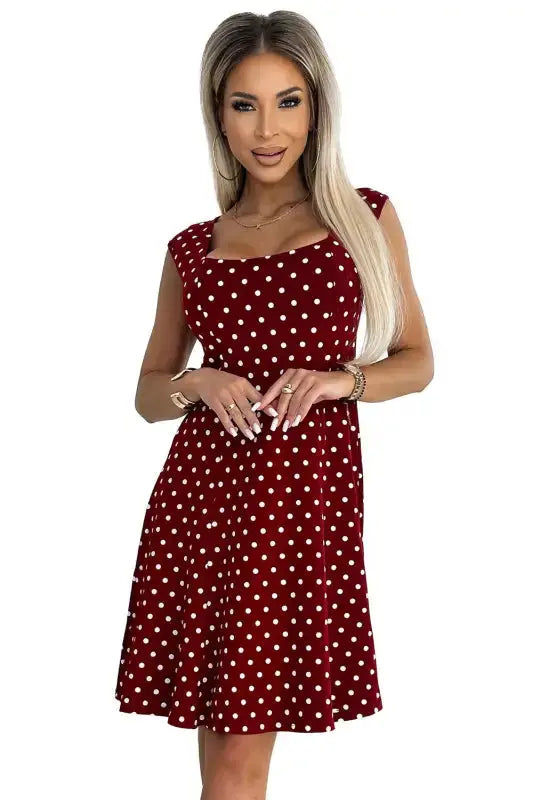 241-3 STELLA cotton dress with a diamond neckline - burgundy with polka dots - Livre e Solta Fashion