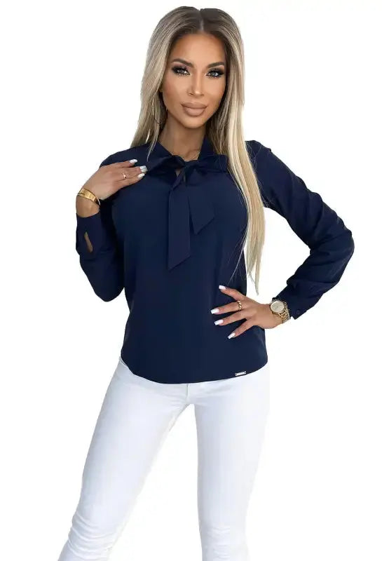 140-22 Business blouse with long sleeves and tie front - dark blue - Livre e Solta Fashion